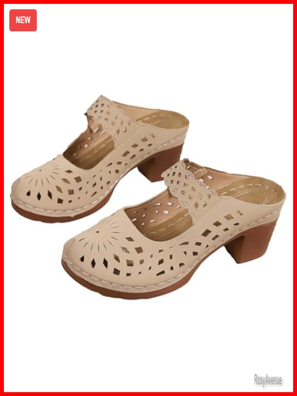 Women's Chunky Heel Mules Slide Sandals Faux Leather Breathable Slip On